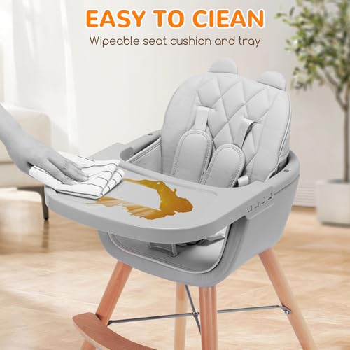3-in-1 Baby High Chair, Convertible Wooden High Chair for Babies and Toddlers with Adjustable Legs & Dishwasher Safe Tray, Sleek Beech & Premium Leather (Grey)
