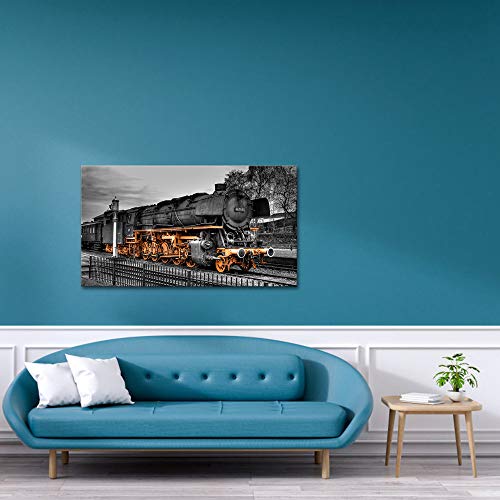 Derkymo Vintage Black And Orange Steam Train Locomotive Canvas Wall Art Train Wall Decor Car Pictures For Home Decoration Gift Stretched And Framed Ready To Hang 20"X36" #TOP2