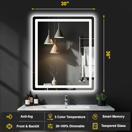 Image of LED Bathroom Mirror with Lights, 30 inchx36 inch Lighted Vanity Mirror for Wall | Anti-Fog, Dimmable 3 Color Light, Backlit+Frontlit, Shatterproof Tempered Glass, Memory Function
