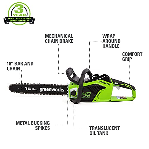 Greenworks 40V 16" Brushless Cordless Chainsaw (Gen 2) (Great For Tree Felling, Limbing, Pruning, And Firewood / 60+ Compatible Tools), Tool Only #TOP1