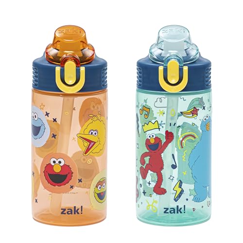 Zak Designs Sesame Street Sage Kids Water Bottle For School or Travel 16oz Durable Plastic Water Bottle With Straw Handle and Leak-Proof Pop-Up Spout Cover 2-Pack Set (Elmo & Friends)