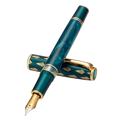 Hongdian N7 Blue Peacock Resin Piston Fountain Pen, Iridium Fine Nib Classic Pen, Smooth Writing Pen with Metal Box - Image 3