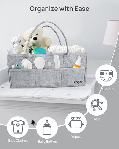 Image of Feagar Baby Diaper Caddy Organizer, 15 Inch Large with 8 Pockets & 2 Dividers, Portable Nursery Storage Basket & Car Organizer for Changing Table, Travel (Grey)