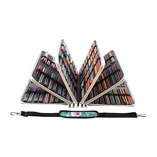 Image of Pencil Case Slot Holds 500 Colored Pencils or 340 Color Gel Pens with Zipper Closure Large Capacity Retro Style Element Pattern Pen Organizer Bag with Shoulder Strap (Green Compasses)