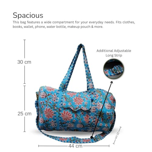 Quilted Floral Cotton Duffel Bag for Women, Handmade Lightweight Washable Large Travel Gym Bags with Pocket - Blue & Red3