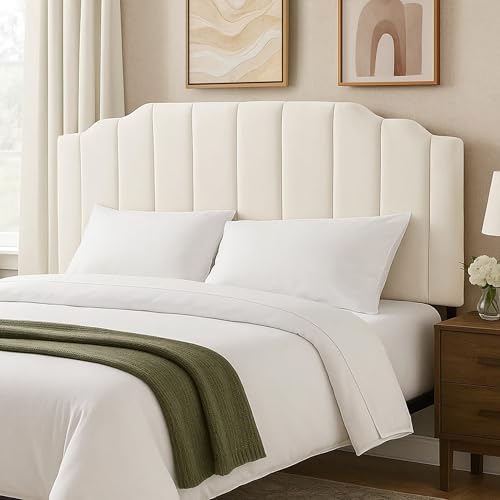 GARTMILAN Upholstered Headboard Adjustable Height Queen/King Headboard Cream Velvet Tufted Modern Vertical Channel Design with Stepped Silhouette Top Edge(Beige Queen)