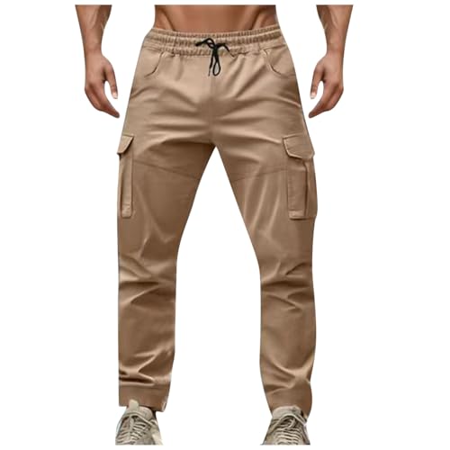 Sinzelimin Men Cargo Pants Jogger Workout Trouser Fashion Solid Color Drawstring Elastic Waist Loose Comfy Wide Leg Sweatpant