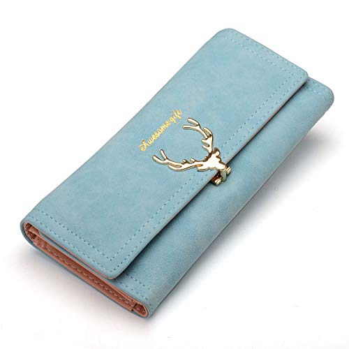 VODIU Women Crad Holder Long Wallet Leather Large Capacity Elegant Zipper Purses Three Fold Clutch (Blue*2)