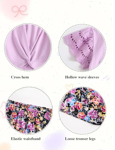 Image of mksodop Girls Clothes 2-Piece Teen Girls clothes Lace Hollow Short-Sleeved Twist T-Shirt And Floral Short Girl Summer Outfits
