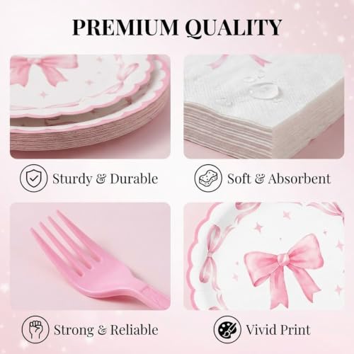 LAOREI 96 Pcs Pink Bow Paper Plates and Napkins Party Supplies Serve 24 — view 4