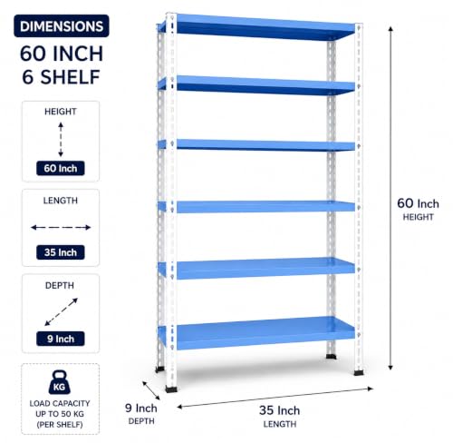 Image of Modern Metal Storage Rack Heavy Duty Organizer Shelf for Home, Kitchen, Living Room, Bedroom & Office | Book Shelf, Plant Stand & Display Rackbin (blue White, Large 60H-35L-09W INCH 6 shelf)