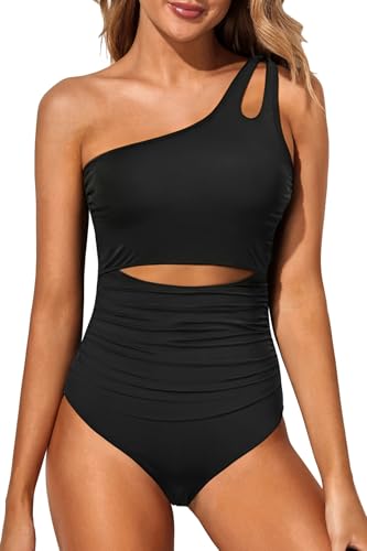 Image of Holipick One Shoulder One Piece Swimsuit for Women Tummy Control Bathing Suits Modest Full Coverage Keyhole Swimwear