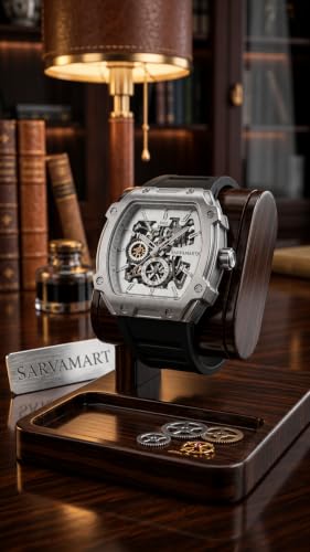 Image of Tonneau Skeleton Automatic Watch for Men - Stainless Steel Case, Mechanical Dial & Premium Black Silicon Strap
