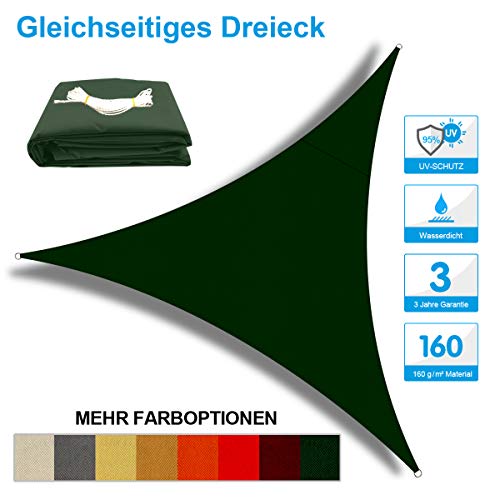 OKAWADACH Toldo Vela de Sombra Triangular 3 x 3 x 3m, protección Rayos UV Impermeable para Patio, Exteriores, Jardín, Color Verde Oscuro