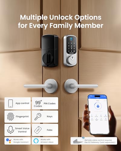 Image of DESLOC B200 Fingerprint Smart Lock with 2 Lever Handles, Keyless Entry Front Door Lock Set, Electronic Keypad Deadbolt, App Control, Auto Lock, Long Battery Life,Silver