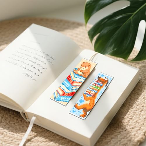 Image of FREEBLOSS 6 Set Cross Stitch Bookmark Kit 11 CT Stamped Cross Stitch Kit DIY Embroidery Bookmark Kits for Adult Beginners with Instructions, Animal Books, 6 x 20 cm /8 inch x 2.4 inch