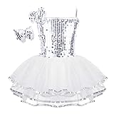 MSemis Kids Girls Sequins Hip Hop Jazz Street Dance Performing Costume Straps Camisole Tutu Skirts with Bowknot Hairclip White 6-7
