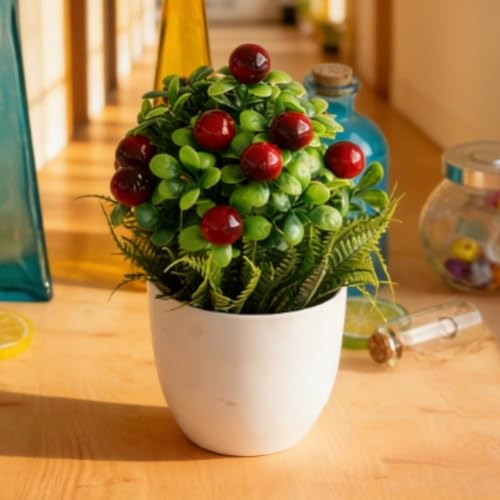 Plante fruitée artificielle rouge vin à 6 branches avec pot esthétique