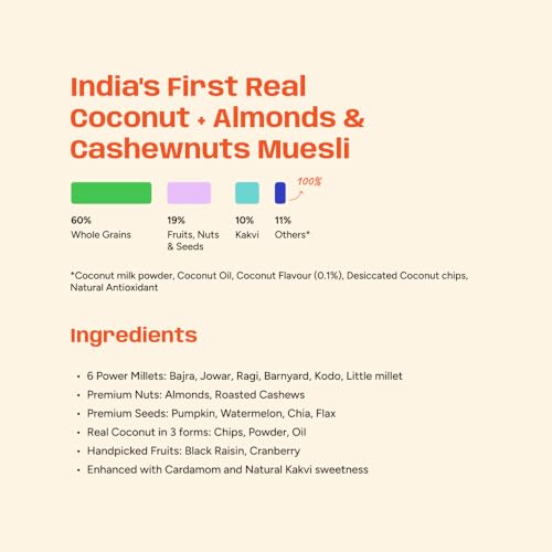 Image of Hapli Earth 6 Millet Muesli | Coconut, Almonds & Cashewnuts | 10g Protein, High Fibre | Healthy Breakfast Cereal with Rolled Oats, Coconut Chips & 4 Seeds | No Palm Oil, No Preservatives | 250g