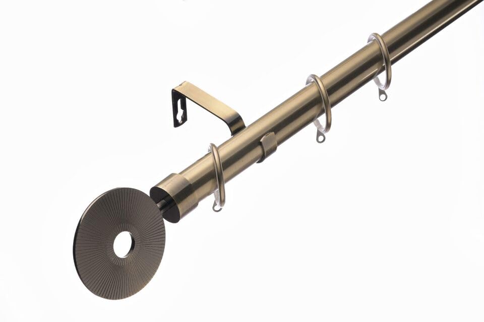 Lister Cartwright 28mm Antique Brass Adjustable Telescopic Extendable Metal Curtain Pole Set Rings with Horologue Finial Voile Easy fit to Outdoor, Bedroom, Living Room (210-400 cm)