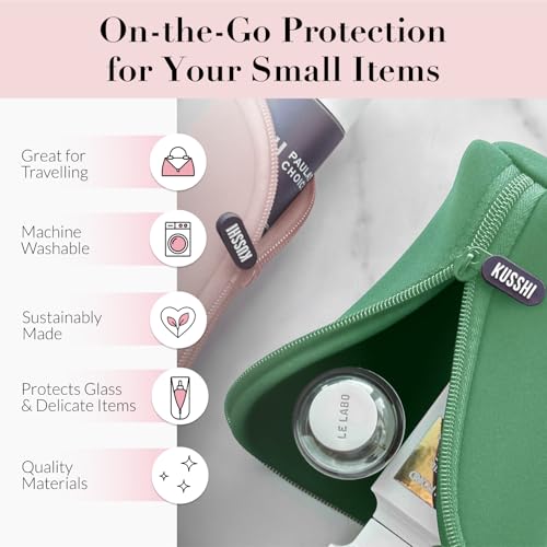KUSSHI Neoprene Mini Makeup Pouch Set for Purse and Travel - 4 Travel Pouches for Delicate Bottles and Beauty Items - For Foundations, Serums, Perfumes (The Neutral Collection 4 Pack - S, M, L, XL)3