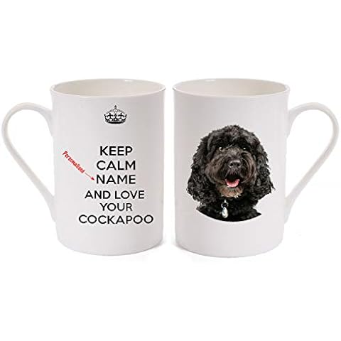 Keep Calm “Name” and Love Your Cockapoo. Personalised Porcelain Mug Printed on an Image of a Black Cockapoo Puppy Dog. A Unique Birthday Gift idea for a Dog Lover! Cover