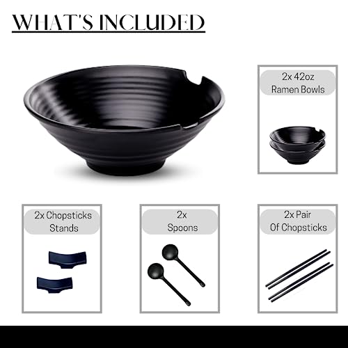 Morgy, Unbreakable Set Of 2 Ramen Bowls With Chopsticks And Spoons- 42 Oz Japanese Style Black Noodle Soup Bowls Set- Asian Soup Bowl For Ramen, Pho, Salad, Poke, Soup, Udon With Chopstick Holders #TOP2