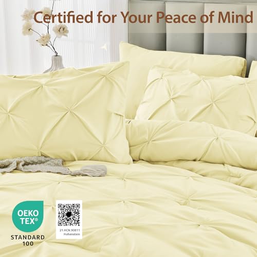 Image of Sasttie Queen Comforter Set, 7-Piece Bed in a Bag, Pintuck Bedding Sets for All Season, Includes Comforter, Flat Sheet, Fitted Sheet, Pillowcases and Pillowshams, Cream Yellow