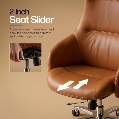 Image of DROGO Calista Ergonomic Office Chair for Work & Home with Premium Vegan Leather | Executive Boss Chair with 5 Cm Seat Depth Adjustment | 3-Point Tilt Recline Lock | Heavy Duty Metal Base (Tan)