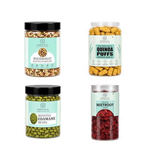 Image of WellNuts & Co. Healthy Snack Combo Pack of 4 |Buckwheat Flakes Mix - 200g, Quinoa Puffs Smoked Garlic - 200g, Roasted Edamame Beans - 200g, Salted Beetroot Chips - 150g| Roasted & Ready to Eat Snacks | High Protein & High Fiber Combo | Snacks for Healthy Everyday