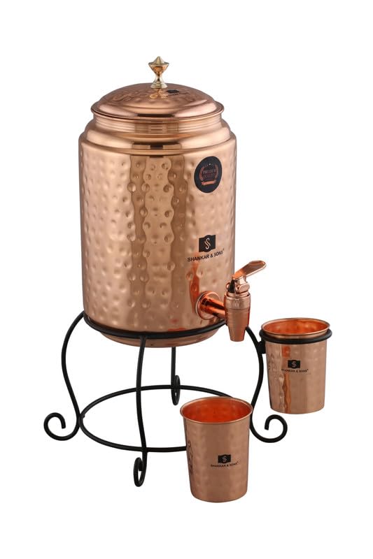 Image of SHANKAR & SONS 5 Litre Copper Water Dispenser Pot with Black Iron Stand and 2 Glasses | Hammered Texture, Non-Toxic, BPA Free with Added Health Benefits Traditional Matka for Drinking Water