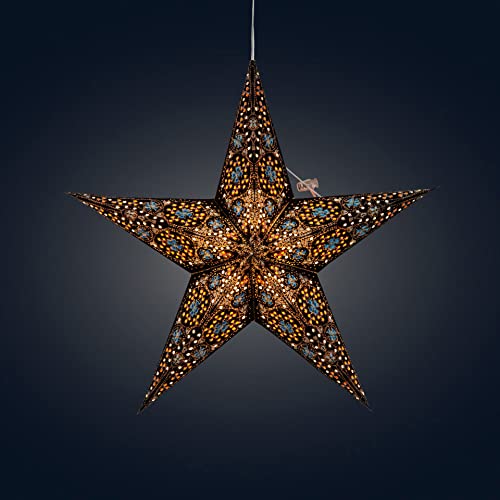 Image of Artschatz Cathedral Paper Lantern Star Light - 5 Point O 15 inch - Black /Turquoise with Blue /Orange Tissue Inlay