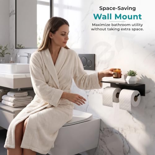 Image of Plantex Dual Toilet Paper Holder for Bathroom /GI Steel Tissue Paper Roll Holder with Mobile Stand /Toilet Paper Roll Holder /Bathroom Accessories - (Black)