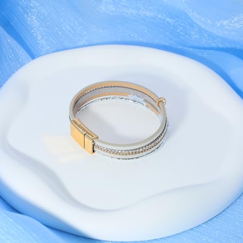 Boho Multi-Layer PU Leather Cuff Bracelet for Women Rhinestone Clasp Bracelets3