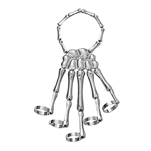 Halloween Skull Skeleton Hand Bracelet with Ring Handmade Wristband Skull Fingers Metal Hand Bracelet Jewelry for Women Men Gifts-B Silver