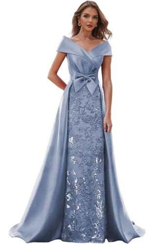 Off The Shoulder Mother of The Bride Dresses for Women Wedding Guest Long Formal Dress with Bow Train3