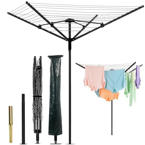 uyoyous Wäschespinne Wäscheständer mit 50m Wäscheleine, 4-armig Wäscheschirm für den Außenbereich, Faltbarer Wäscheständ...