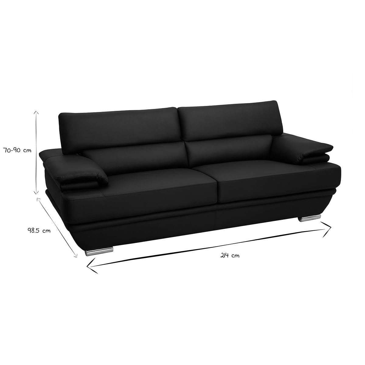Miliboo Canapé Design avec têtières Ajustables 3 Places Cuir Noir et Acier chromé Ewing