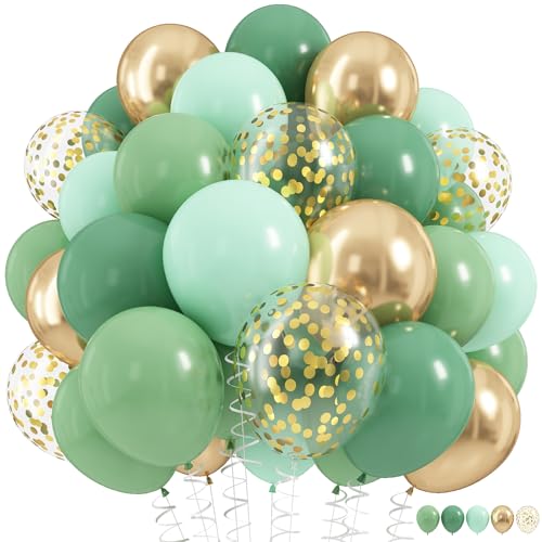 Image of Sage Green Balloons Set, 60Pcs 12 Inch Olive Macaron Pastel Green Balloons with Metallic Confetti Gold Jungle Latex Balloon for Birthday Party Woodland Safari Baby Bridal Shower Decorations Supplies