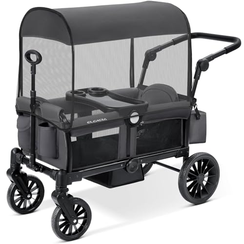 Image of ELEMARA Foldable Wagon Stroller, Stroller Wagon for 2 Kids, Premium All Terrain Wagon for Kids with Removable Canopy, Adjustable Push/Pull Handle, Harnesses, Large Storage Bag, Gray