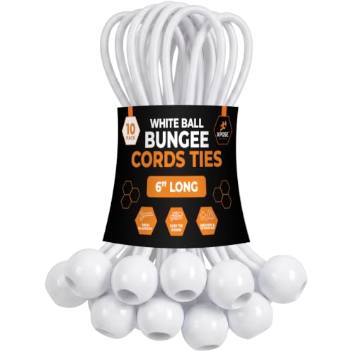 Image of Xpose Safety Bungee Ball Cords 6 inch 10 Pack Heavy Duty White Stretch Rope with Ball Ties for Canopies, Tarps, Walls, Cable Organization