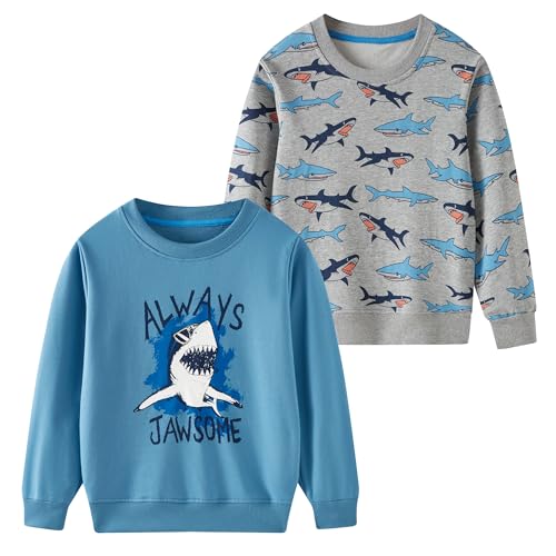 SOIBEEN Boys Sweatshirt Adorable Kids Pullover 2-Pack Dinosaurs Sharks Top Shirt Jumper Crew-neck Long Sleeve Casual Clothes Spring Fall Cotton Hoddie 9-10 Years