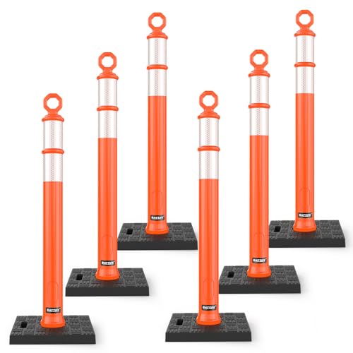 BATTIFE 6 Pack 42 Inch Orange Traffic Delineator Posts with Reflective Collars and Base, Safety Cones for Construction Zones and Driving Practice