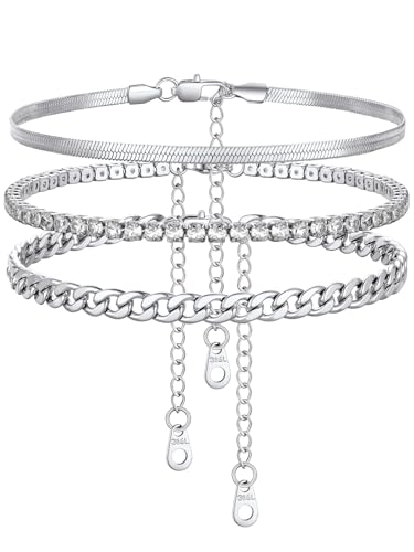 Image of FindChic Black /Silver /Gold Plated Anklets Set of 2PCS /3PCS Herringbone Chain Cuban Link Heart Charm Sparkling Tennis Ankle Bracelets, Waterproof Summer Foot Jewelry for Beach