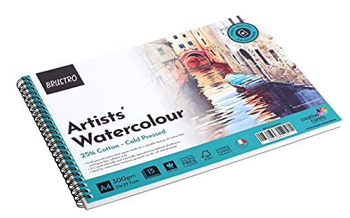 Image of BRUSTRO Artist's Watercolour Paper Pad | 300 GSM, A4, 25% Cotton, Cold Pressed | Pack of 15 Sheets | Wiro Bound, Spiral, Ideal for Professional Drawing, Painting, Dry & Wet, Fine Art Students