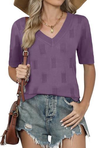 Image of Yincro Womens Short Sleeve Sweaters Fall Summer Tops V Neck Lightweight Knit Pullovers