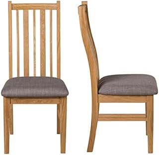 Hallowood Furniture Oak Dining Chairs Set of 2 with Linen Fabric Seat Pad in Steel Grey Colour - Modern & Stylish Kitchen Chairs for Dining Room, Lounge, Restaurant & Café