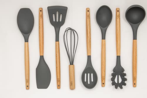 SOL -Utensil Holder for Kitchen Set Silicone Cooking Utensils with Wooden Handle 8pcs Set - Serving Spoon, Slotted Spoon, Mixer, Whisk, Spatula Set - Kitchen Utensil set (Grey)
