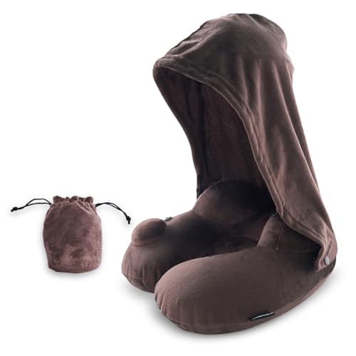 amifun ネックピロー 飛行機 車用 低反発 首枕 フード フード付き 旅行 便利グッズ 旅行グッズ トラベルグッズ 車 トラベル 携帯枕 車用品 便利グッズ グッズ 快眠 仮眠 枕 肩こり トラベルピロー 洗える 人気 プレゼント ブラウン