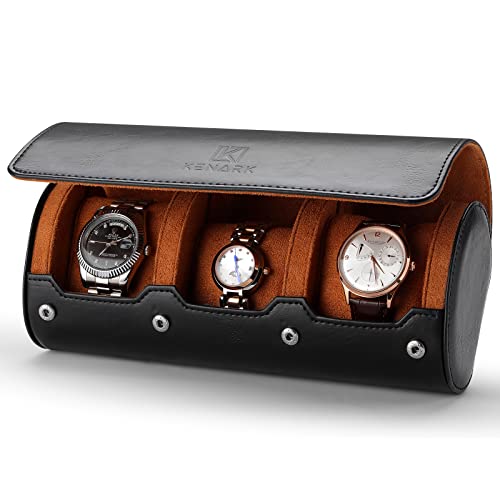 KENARK Luxury Watch Roll KW6M PLUS-BK - Watch Travel Case for 3 Watches - Leather Watch Roll - Watch Roll for Anti-scratching - Luxury Watch Box - Watch Roll Travel Case (Black)